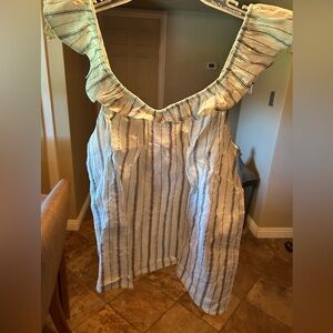 LOFT Cream/Navy & Copper Metallic Sleeveless Ruffle Neck Striped Summer Top NWT